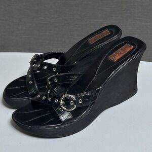 Vintage y2k Hot Cakes Sandals Heels 11 Black Strappy Wedge Buckle Platform 90s